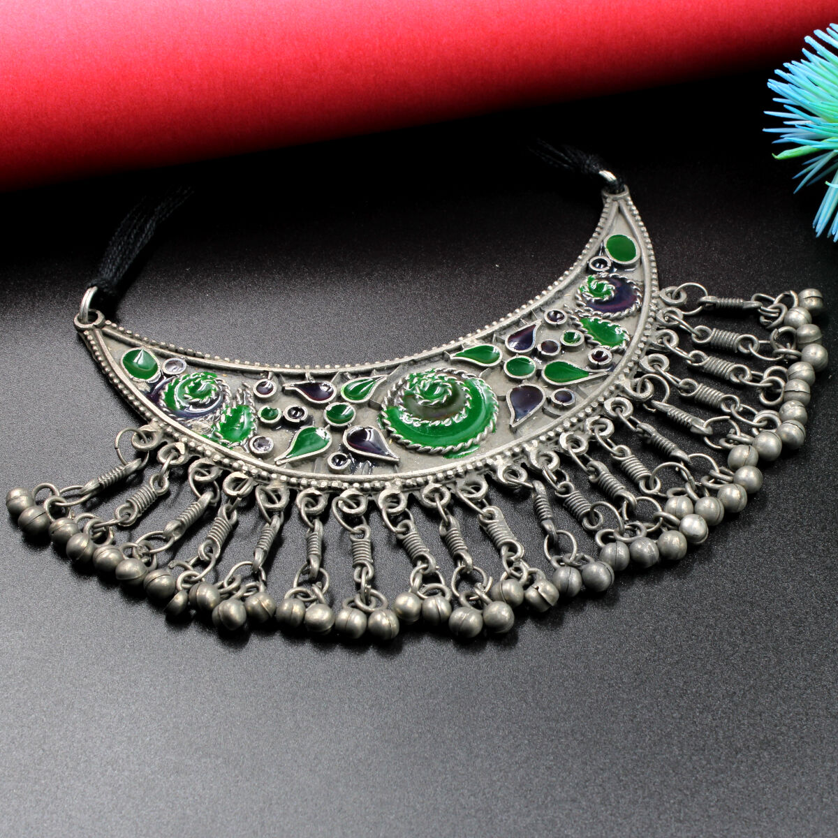 Orlenna Tribal Black Metal Meena Necklace Set