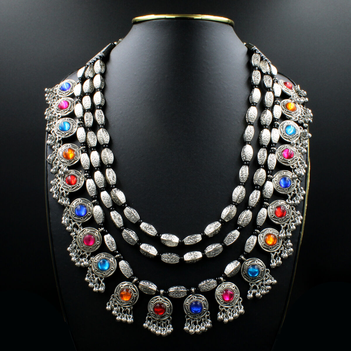 Orlenna Banjaran Oxidized Synthetic Meena Necklace Set Long