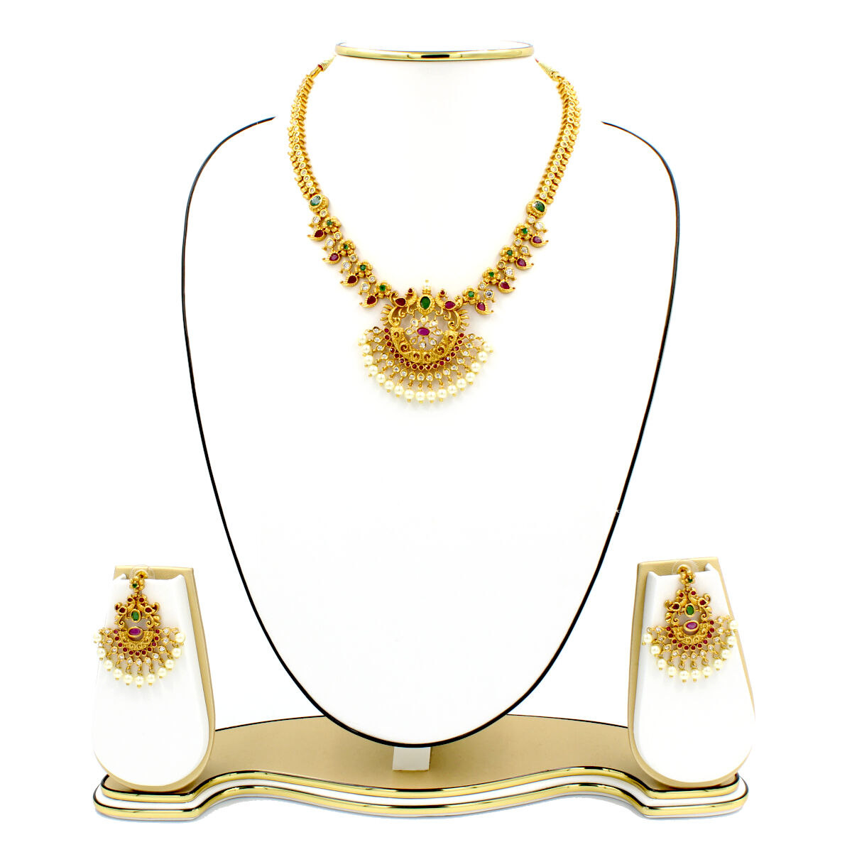 Orlenna Traditional Temple American Diamond & Pearl Necklace Set