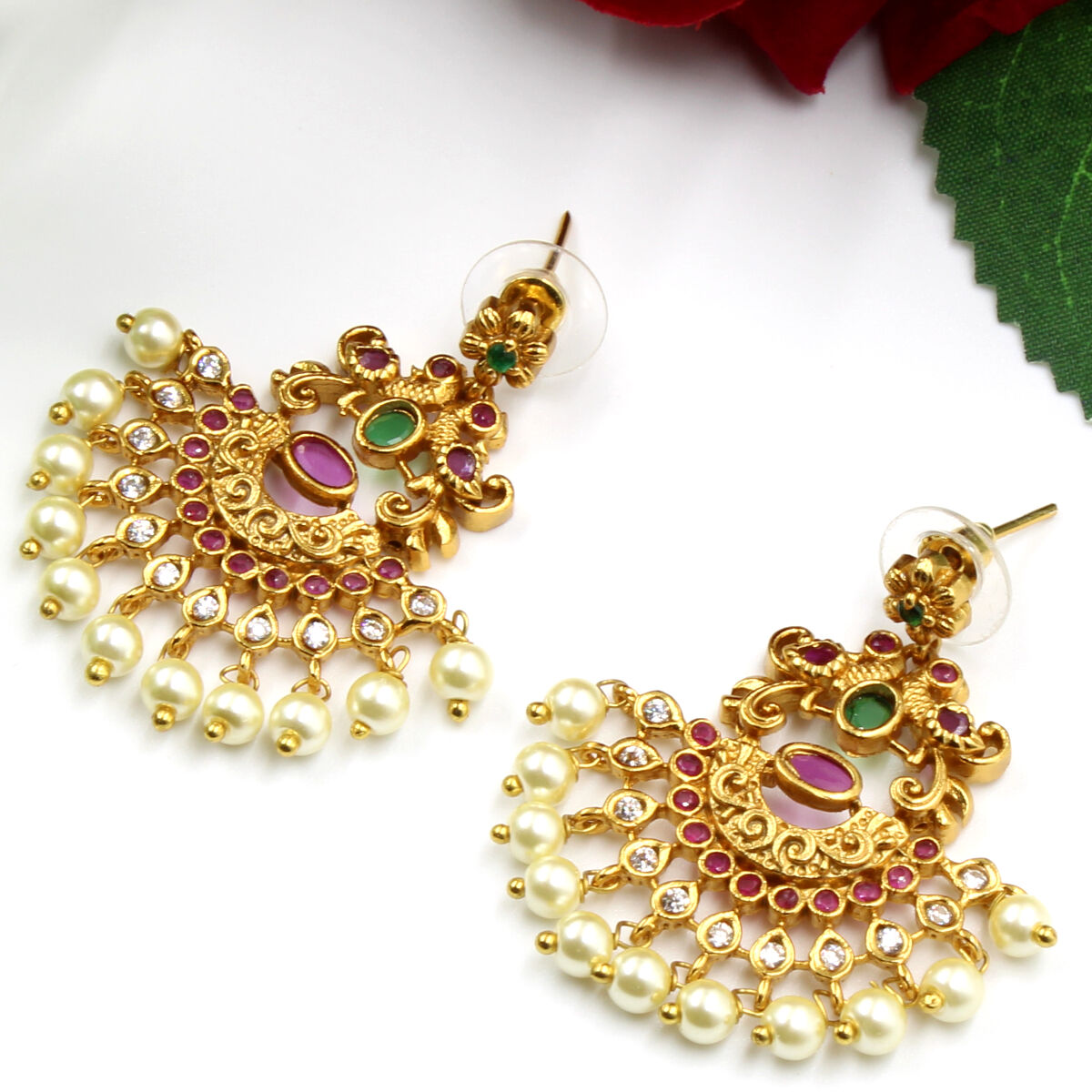 Orlenna Traditional Temple American Diamond & Pearl Necklace Set