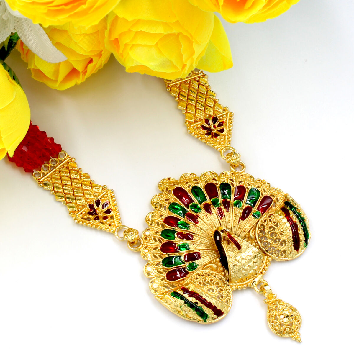 Orlenna Traditional Gold Plated Meena Necklace Set Long