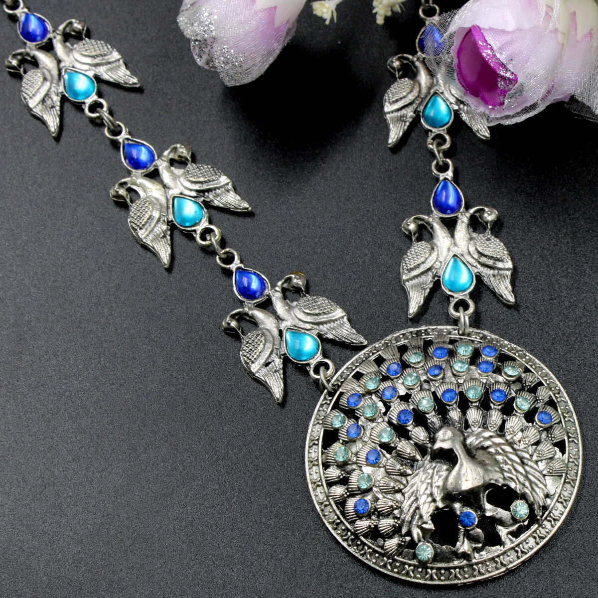 Orlenna Oxidized Crystal Beads Necklace Set Short