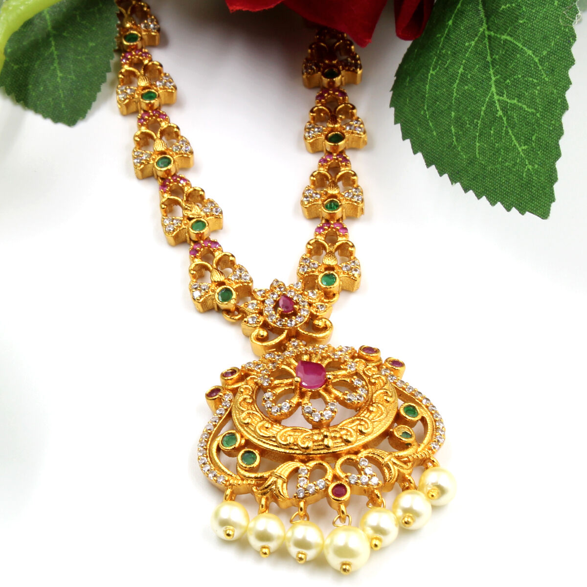 Orlenna Utsav Temple American Diamond & Pearl Necklace Set Long