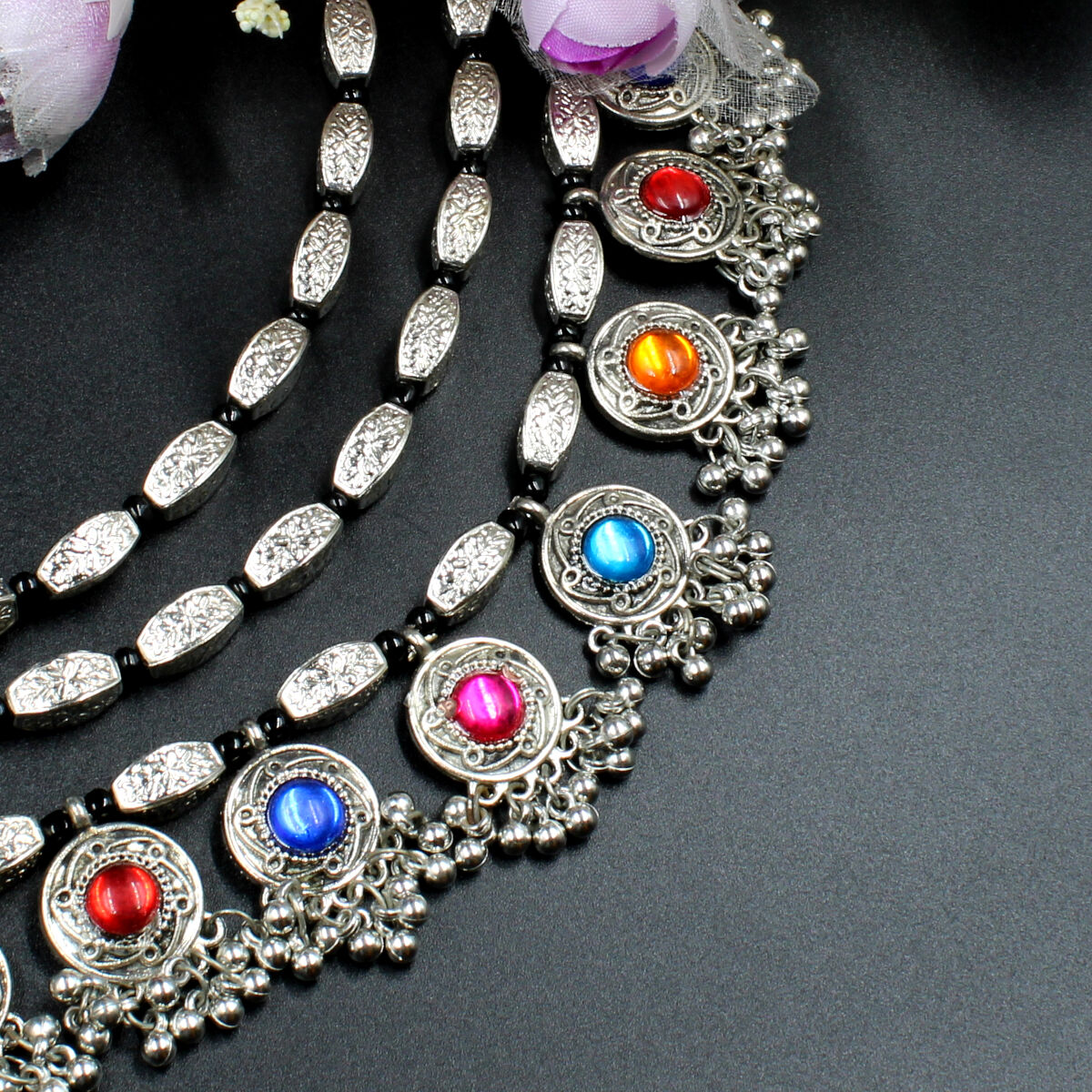 Orlenna Banjaran Oxidized Synthetic Meena Necklace Set Long