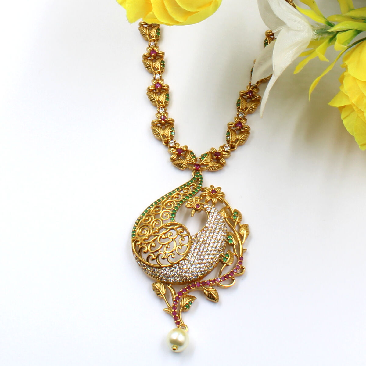 Orlenna Temple American Diamond & Pearl Necklace Set Short