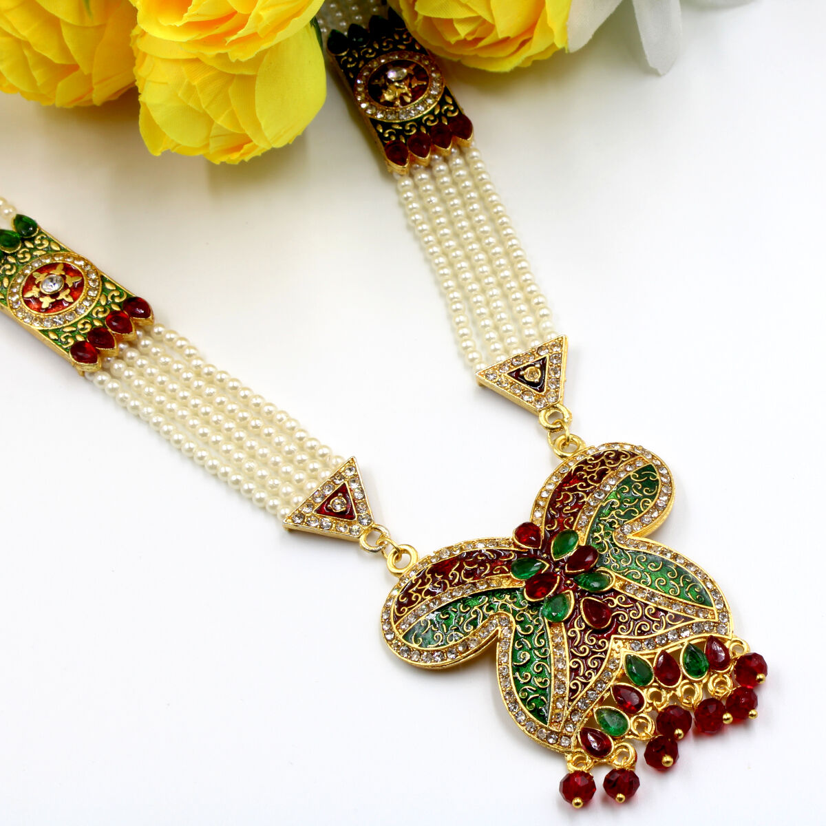 Ethnic Gold Plated Pearl Necklace Set Long