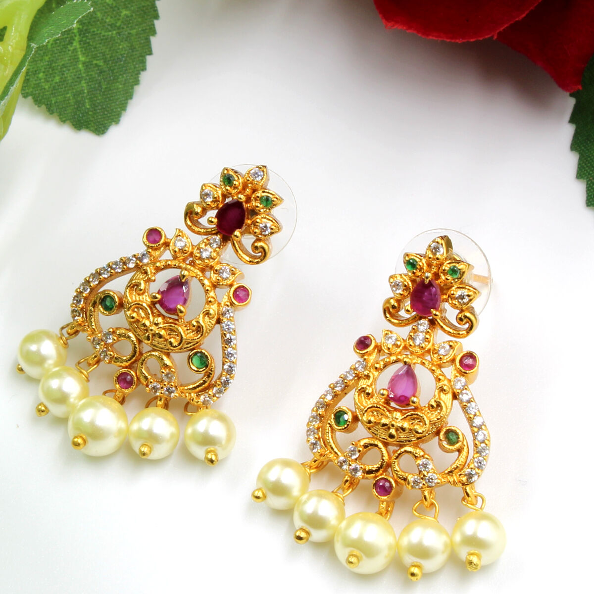Orlenna Utsav Temple American Diamond & Pearl Necklace Set Long