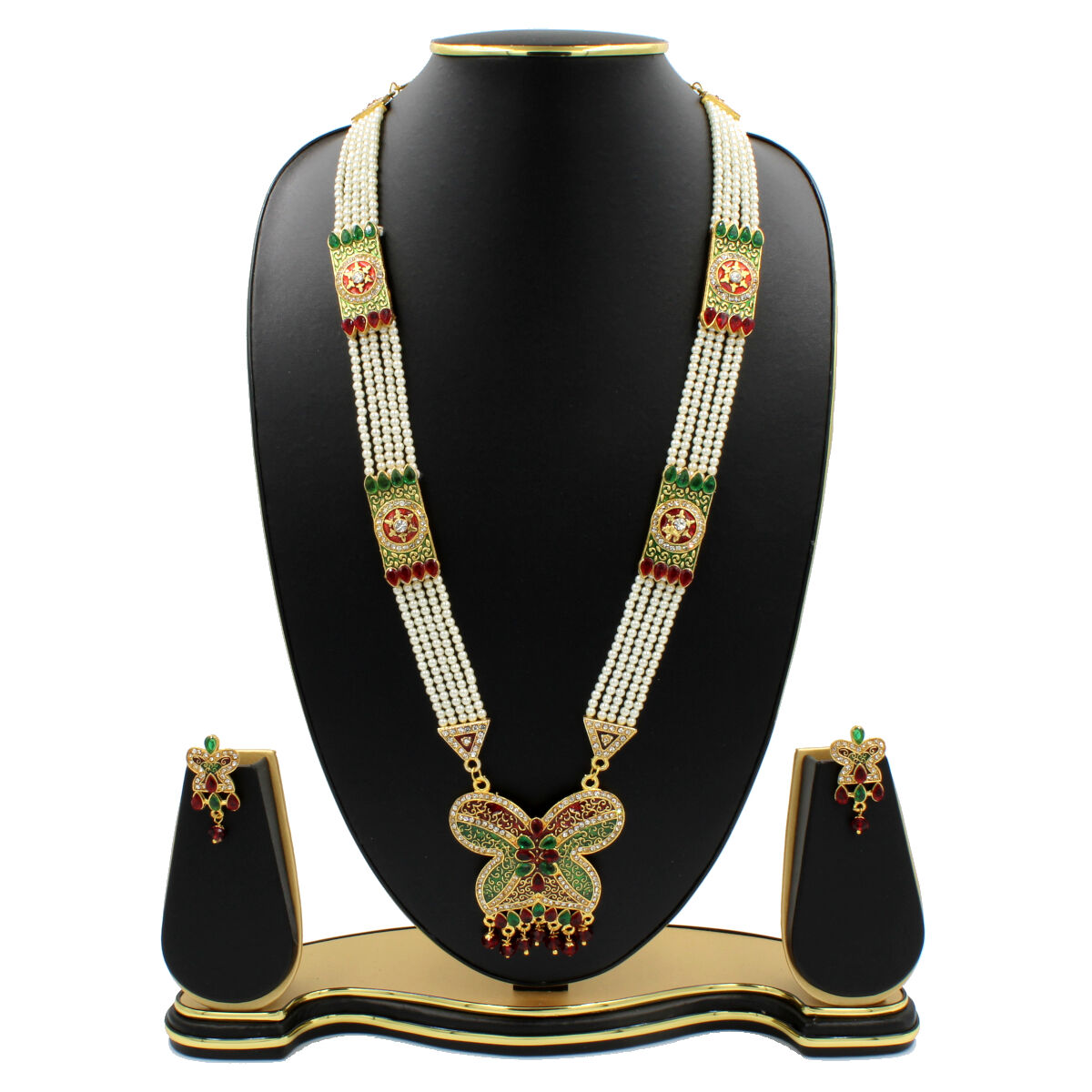 Ethnic Gold Plated Pearl Necklace Set Long