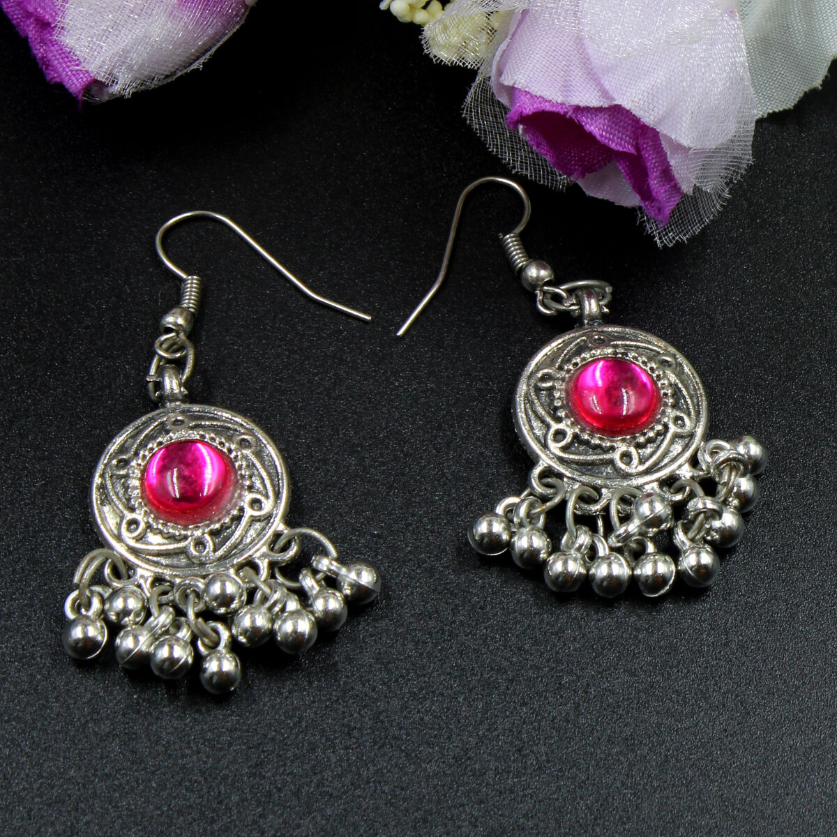 Orlenna Banjaran Oxidized Synthetic Meena Necklace Set Long