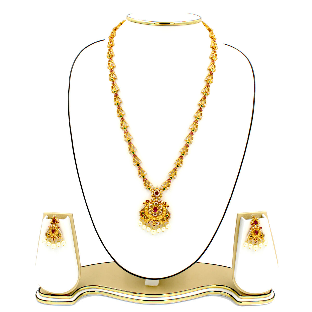 Orlenna Utsav Temple American Diamond & Pearl Necklace Set Long
