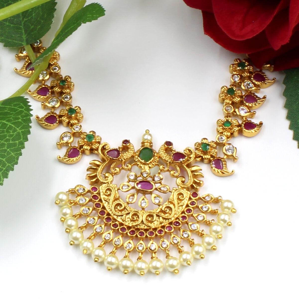 Orlenna Traditional Temple American Diamond & Pearl Necklace Set