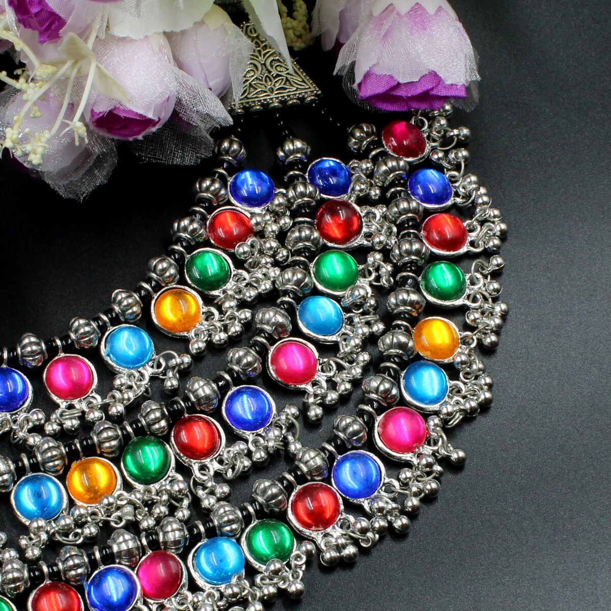 Glittering Oxidized Synthetic Meena Necklace Set Long
