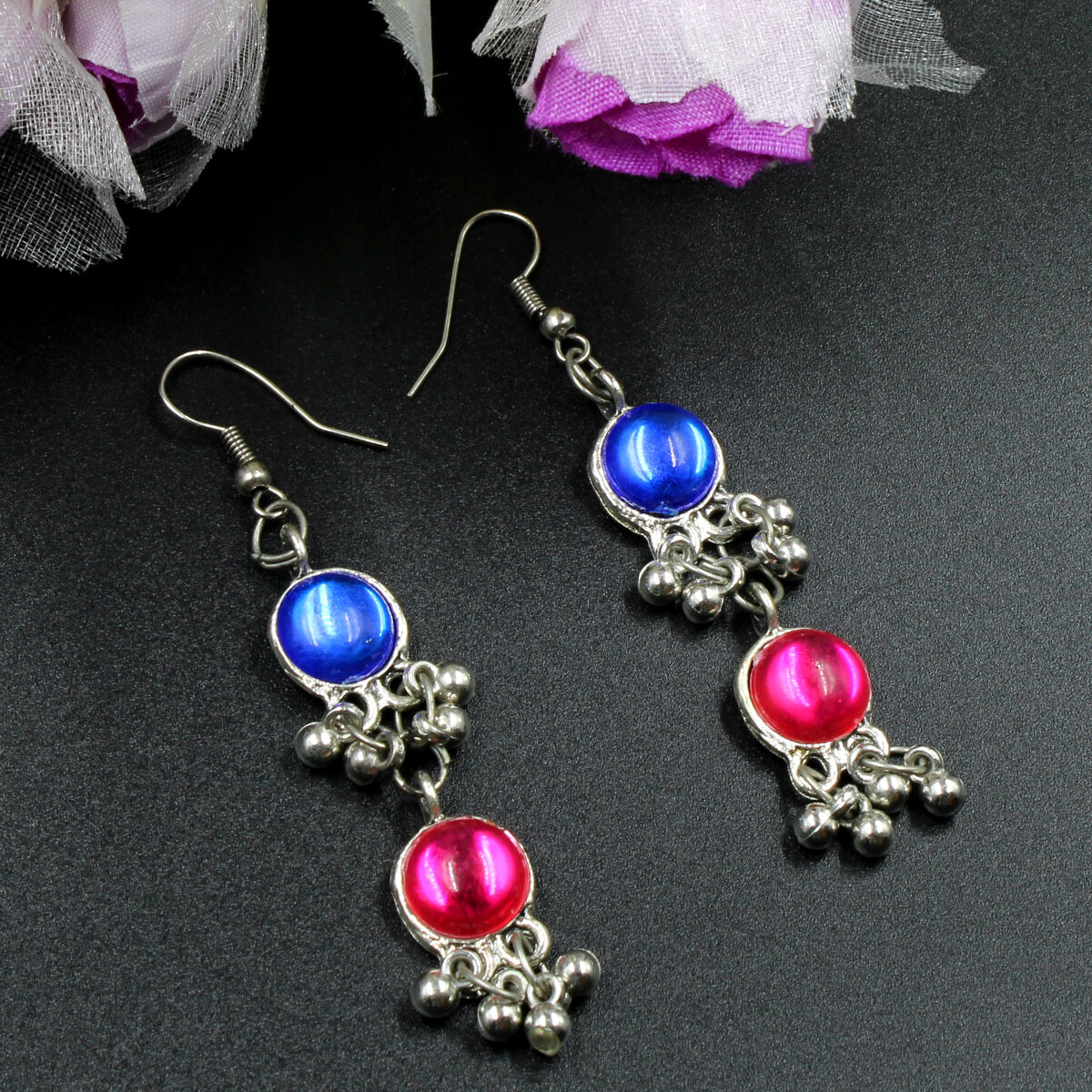 Glittering Oxidized Synthetic Meena Necklace Set Long
