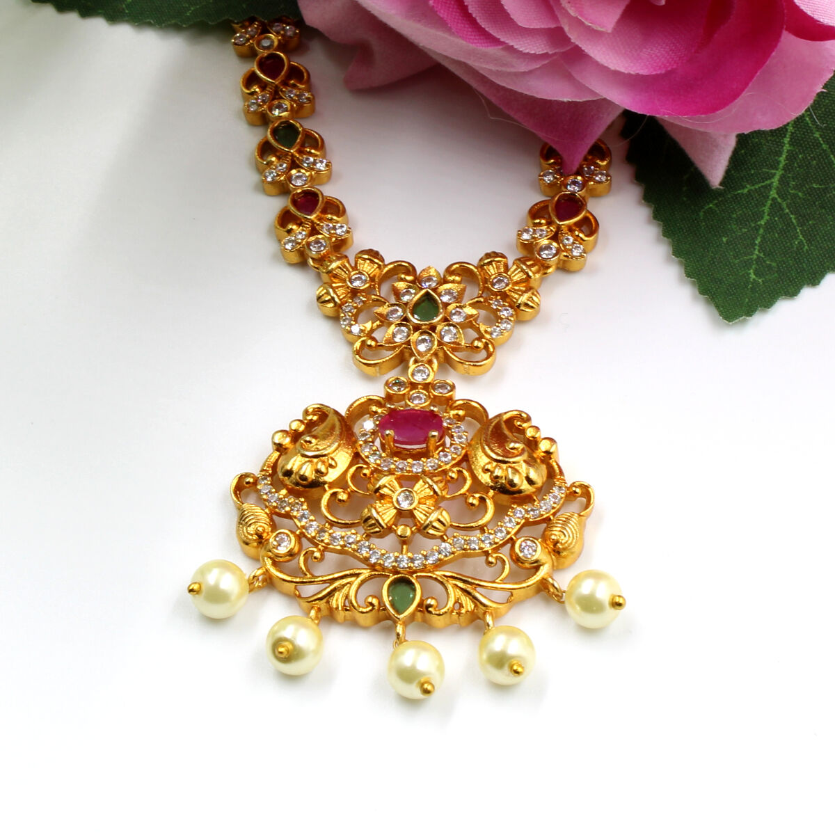 Eye Catching Temple Short Necklace Set American Diamond & Pearl