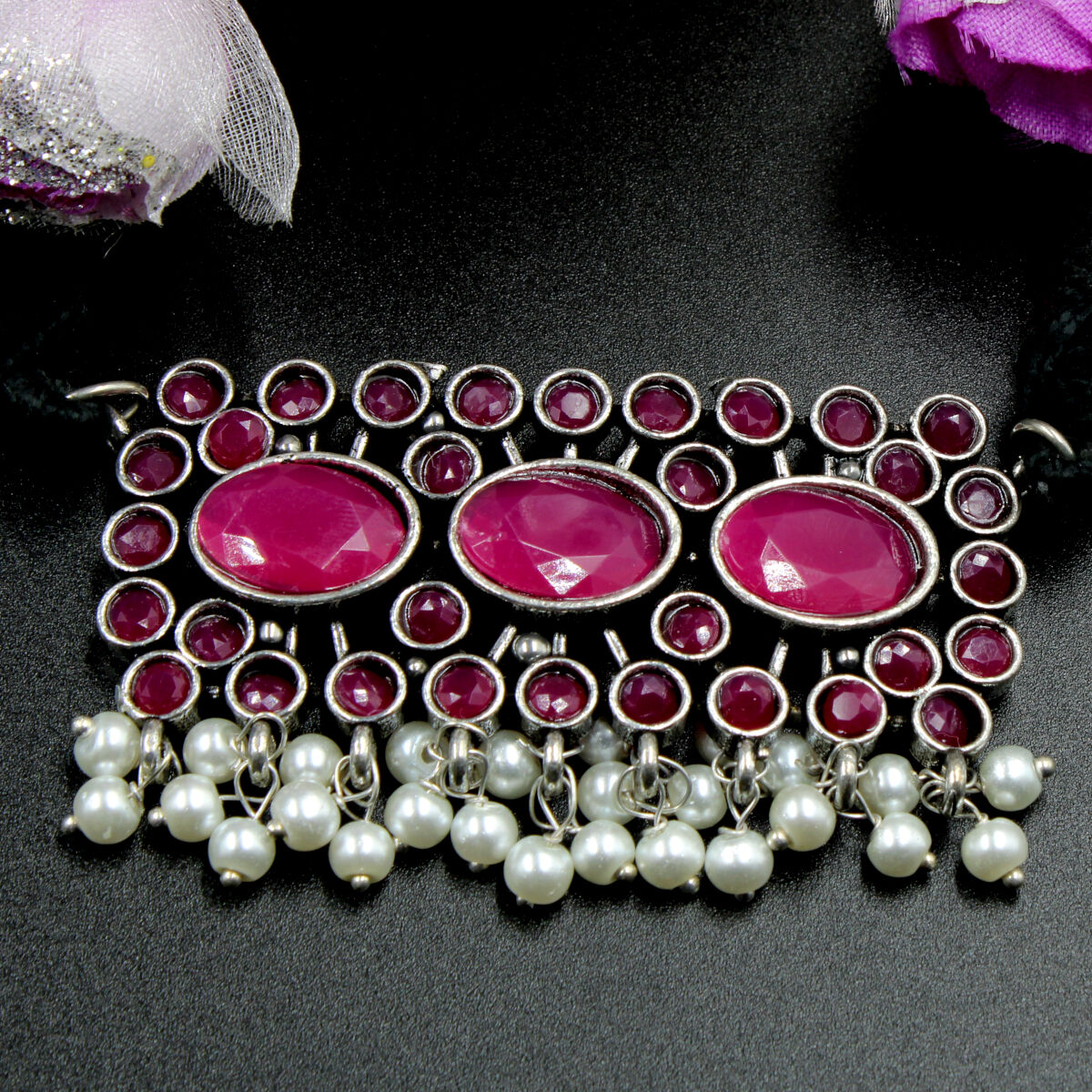 Orlenna Oxidized Pearl & Crystal Beads Choker
