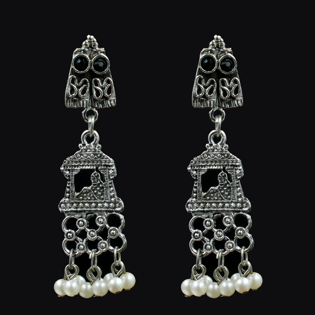 Elegant Oxidized Pearl & Crystal Beads Necklace Set Long