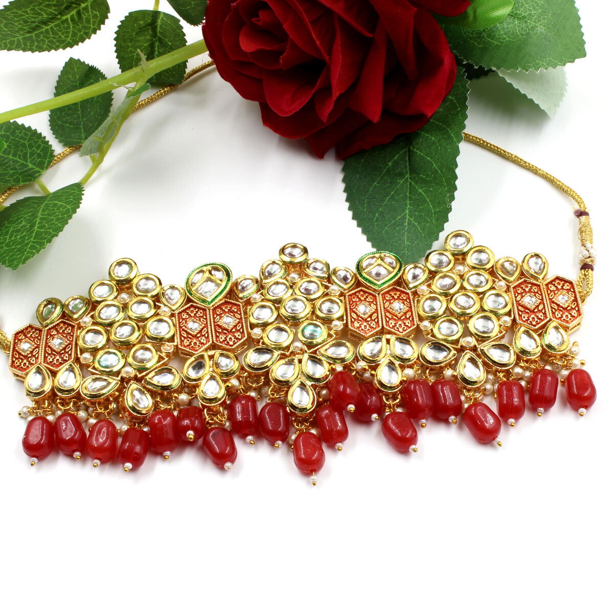 Orlenna Traditional Kundan Pearl & Crystal Beads Choker