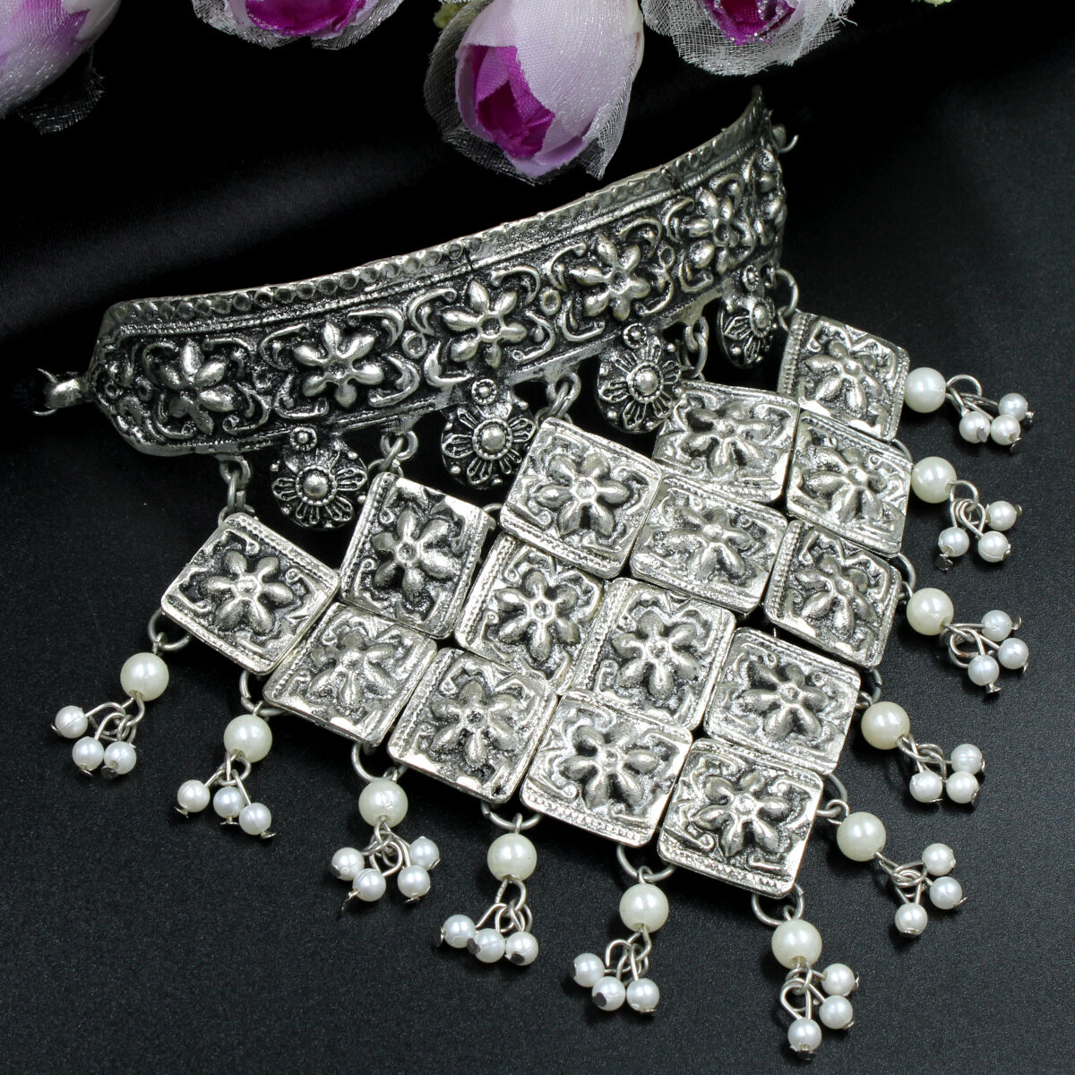 Ethnic Tribal Oxidized Pearl Choker