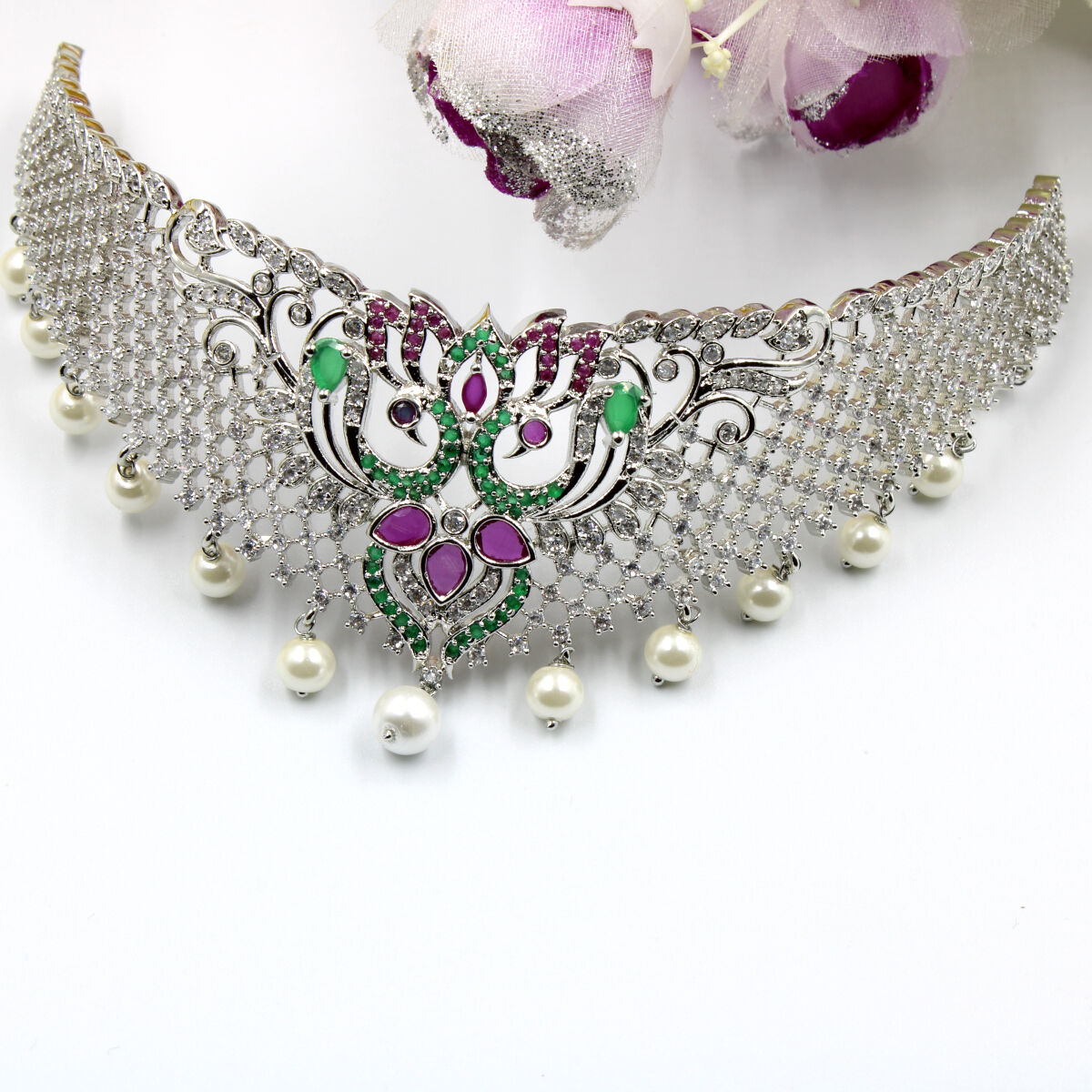 Orlenna Exclusive American Diamond & Pearl Choker