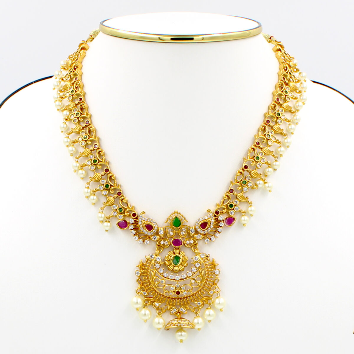 Orlenna Temple American Diamond & Pearl Short Necklace Set