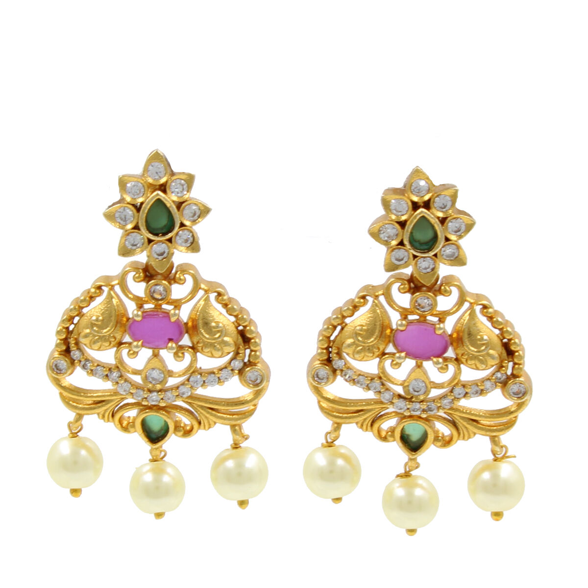 Eye Catching Temple Short Necklace Set American Diamond & Pearl