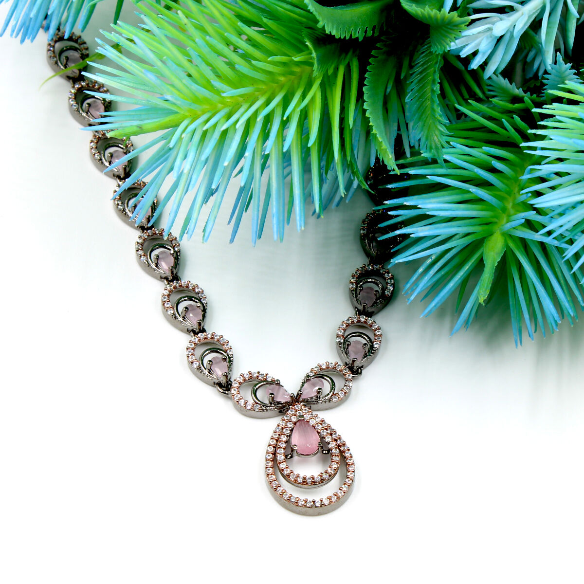 Beautifully Crafted American Diamond Necklace Set Short - Black
