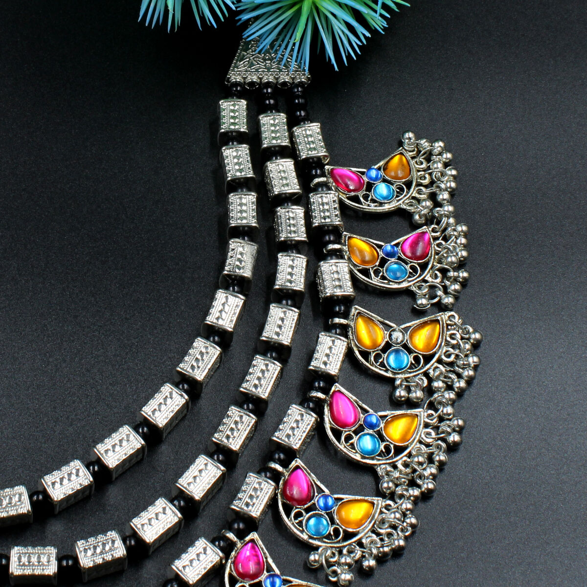 Glamorous Oxidized Synthetic Meena Necklace Set Long