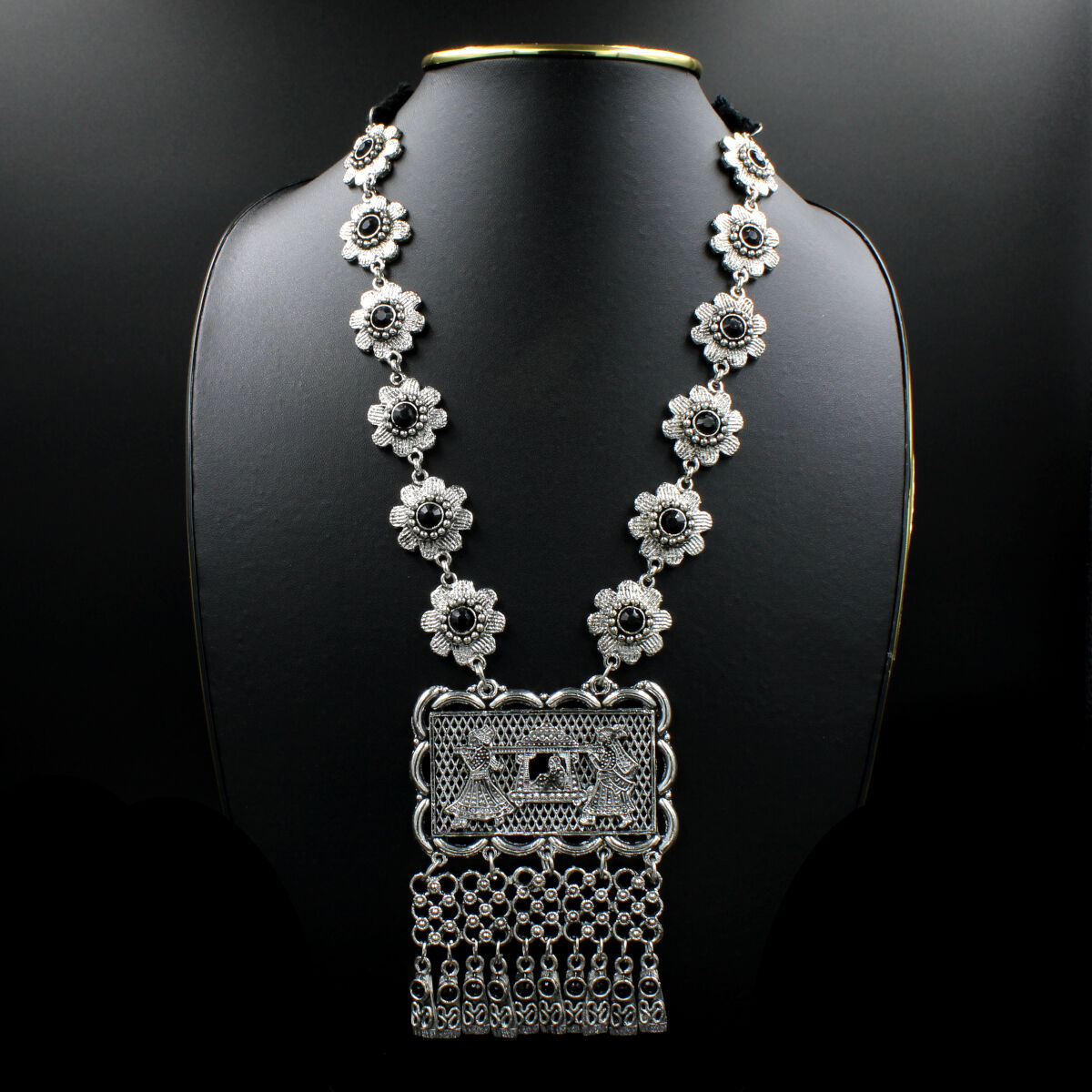 Elegant Oxidized Pearl & Crystal Beads Necklace Set Long
