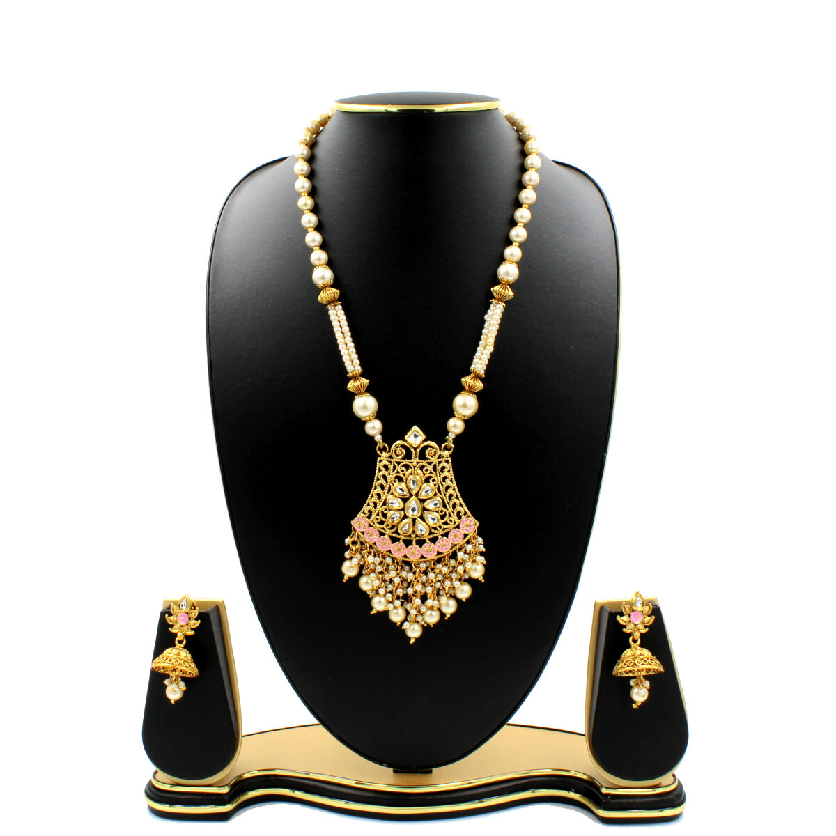 Orlenna Glamour Kundan Pearl Necklace Set Long
