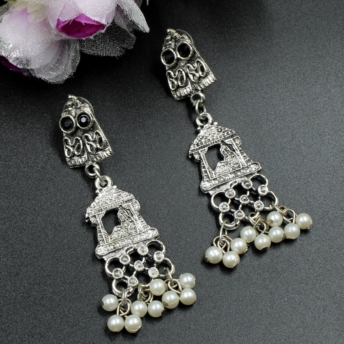 Elegant Oxidized Pearl & Crystal Beads Necklace Set Long