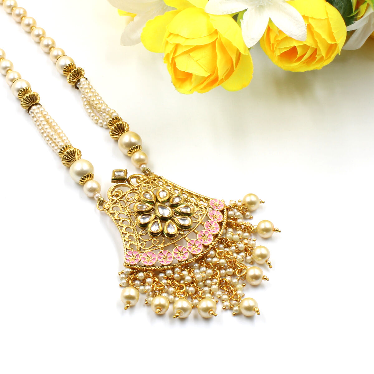 Orlenna Glamour Kundan Pearl Necklace Set Long