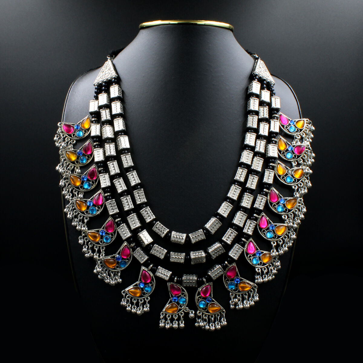 Glamorous Oxidized Synthetic Meena Necklace Set Long