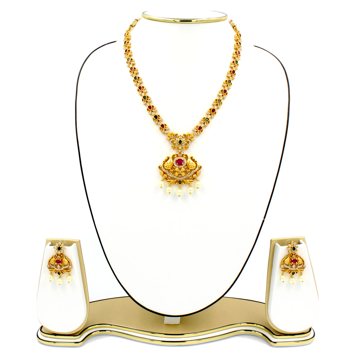 Eye Catching Temple Short Necklace Set American Diamond & Pearl