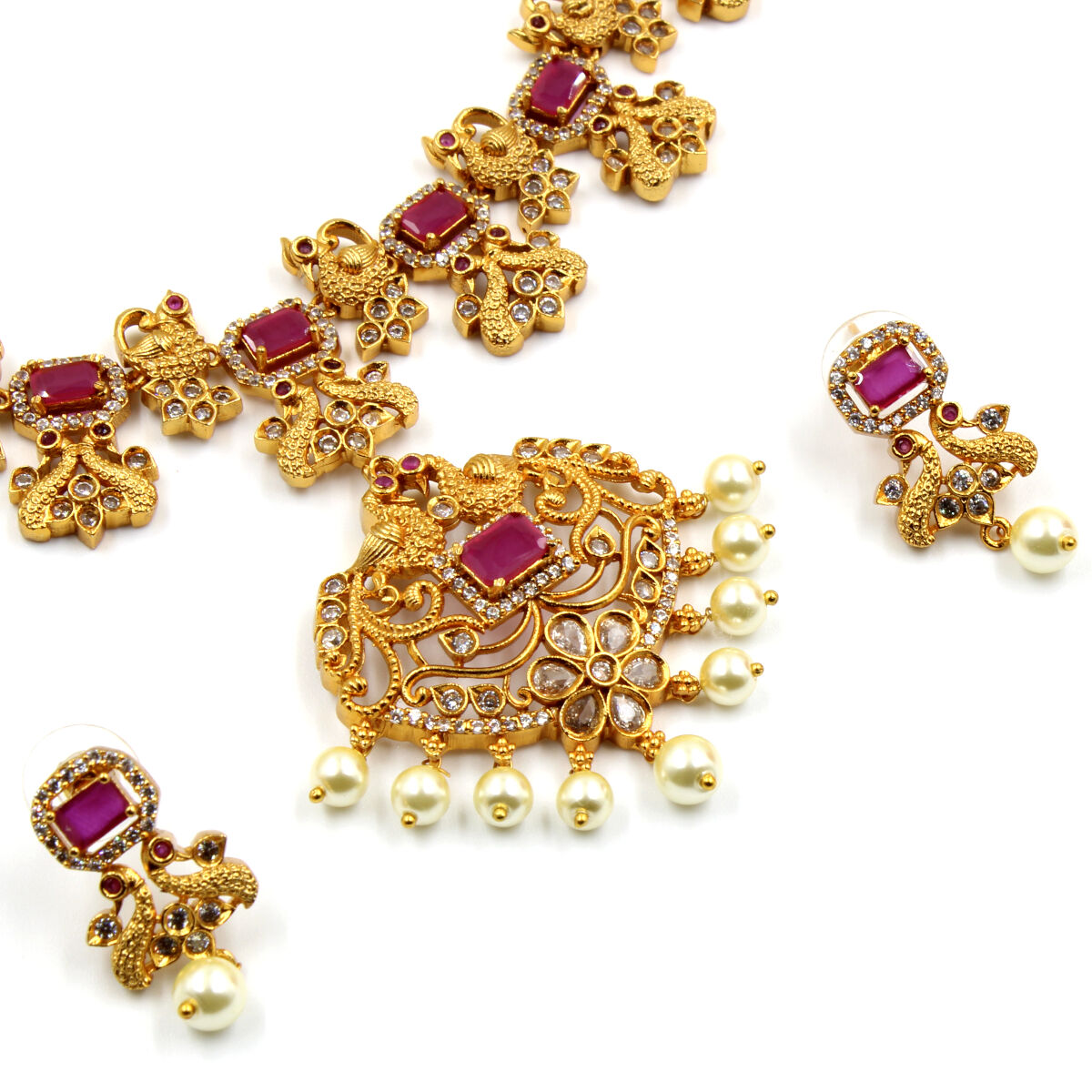 Orlenna Glitter Short Temple Necklace Set - AD & Pearl