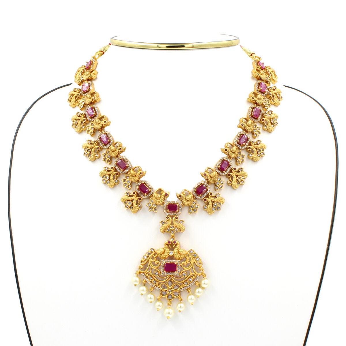 Orlenna Glitter Short Temple Necklace Set - AD & Pearl