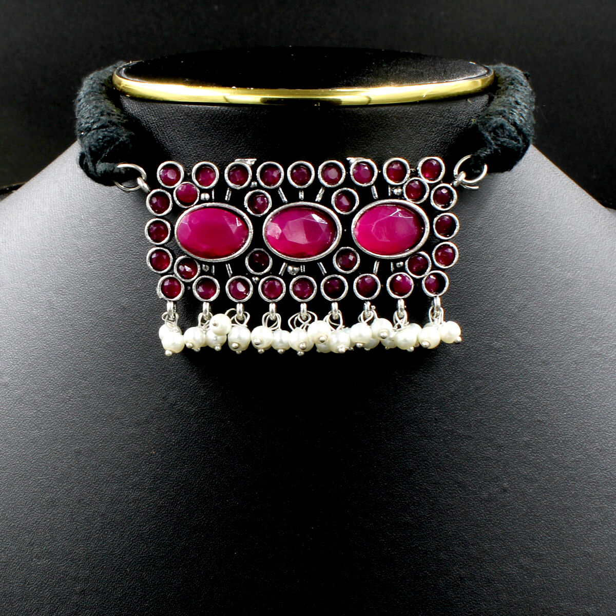 Orlenna Oxidized Pearl & Crystal Beads Choker