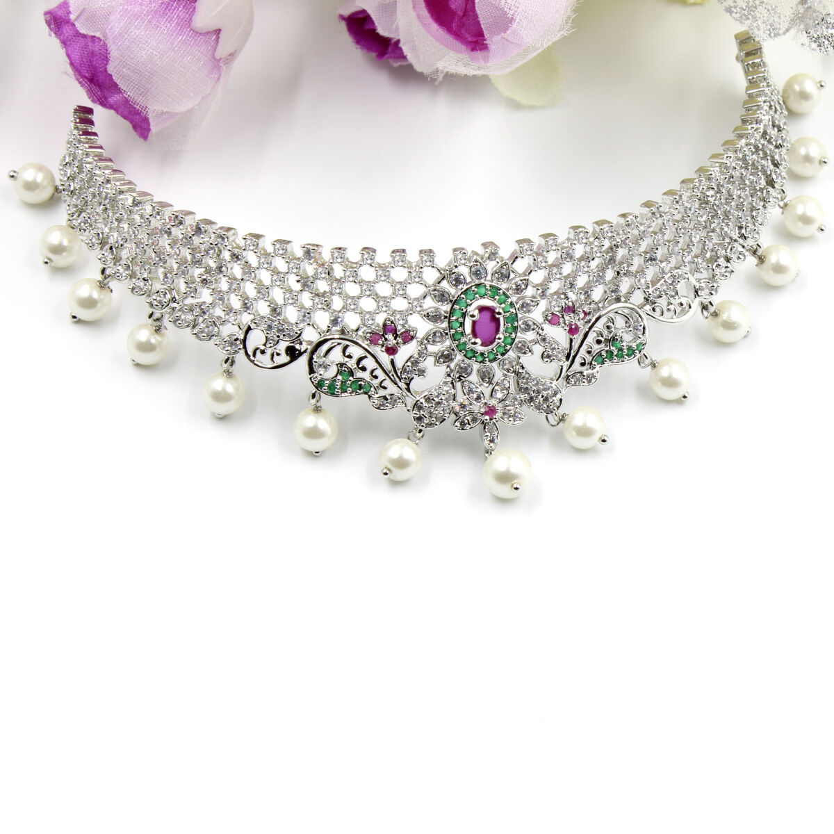 Orlenna Dazzle American Diamond, Pearl & Crystal Choker