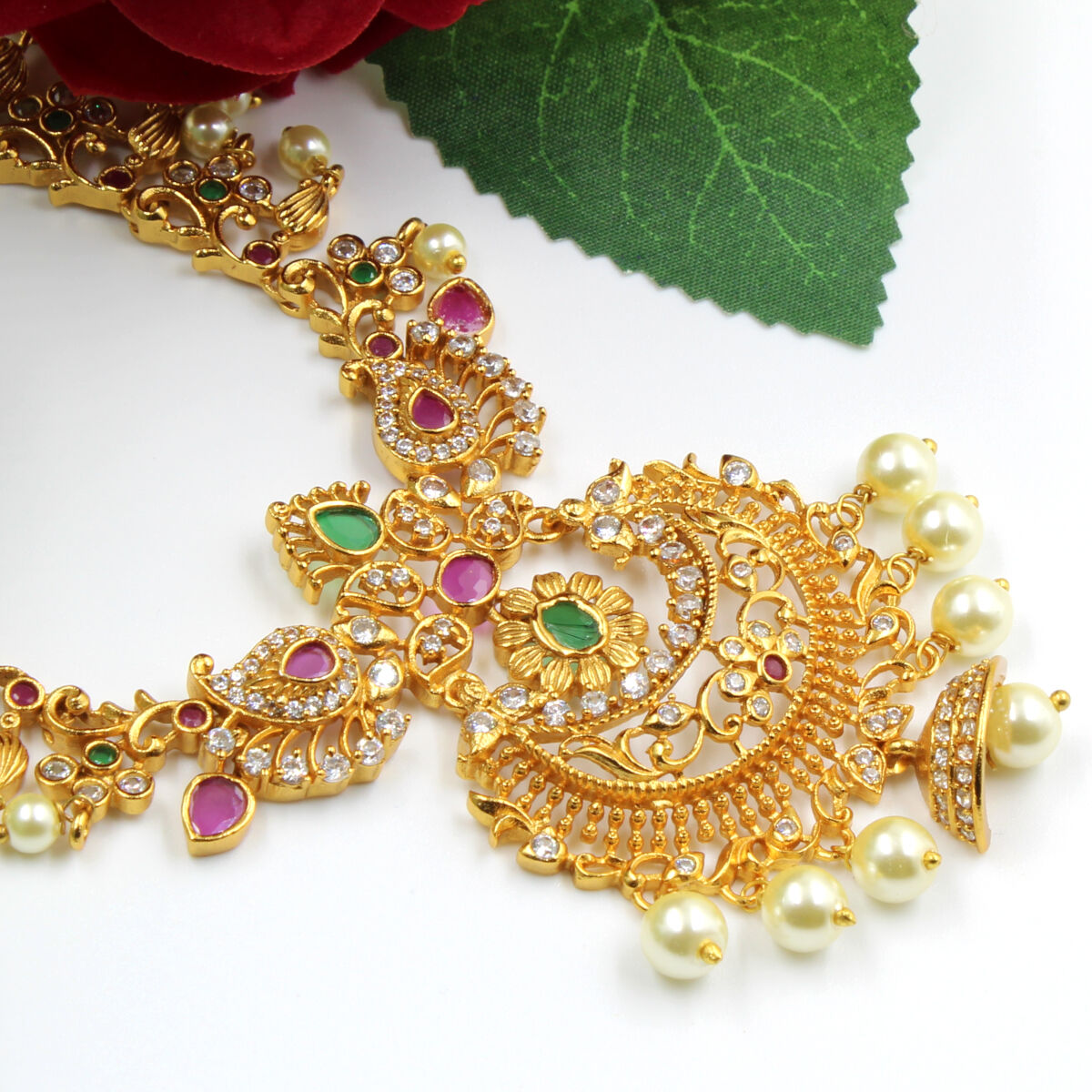 Orlenna Temple American Diamond & Pearl Short Necklace Set