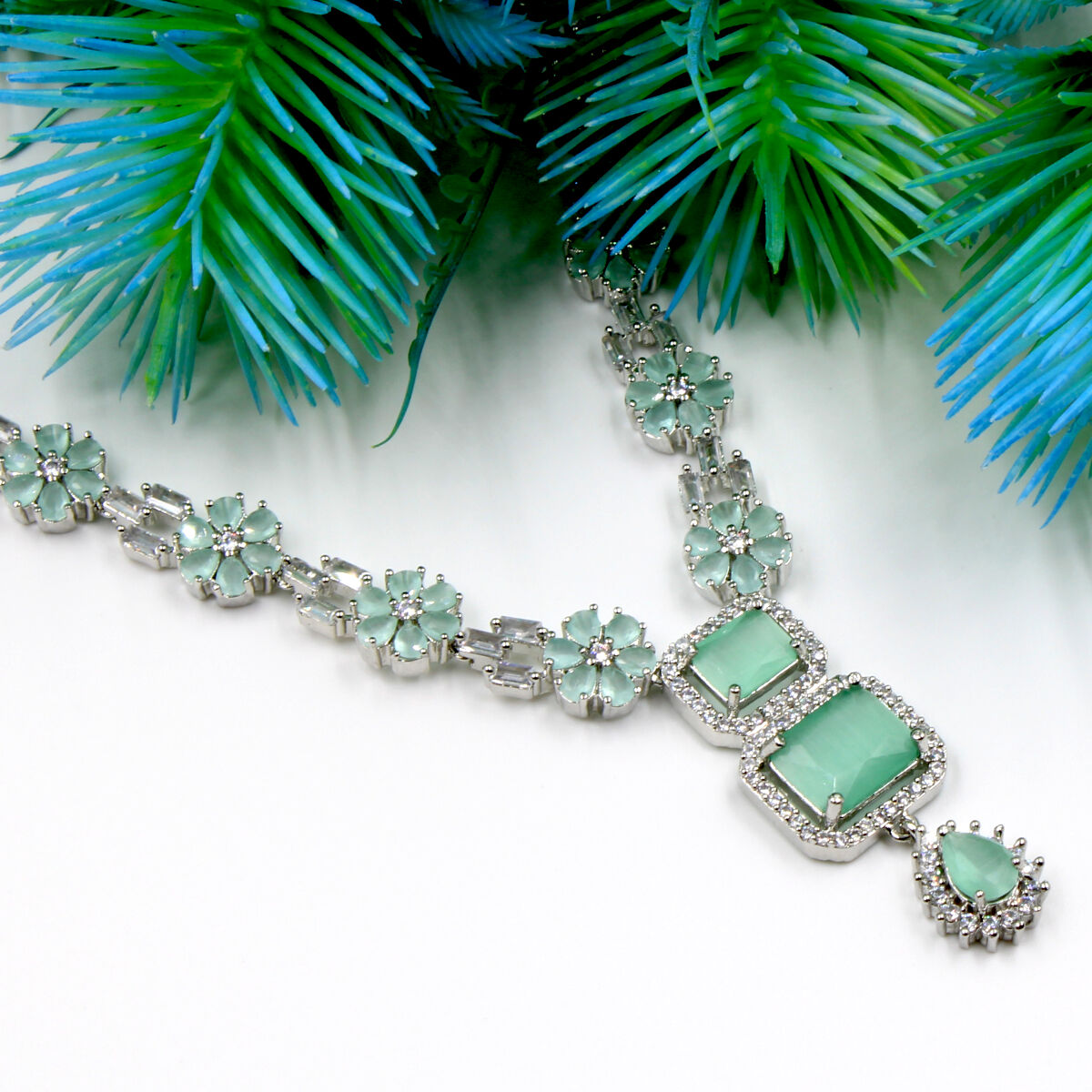 Orlenna Green Short Necklace Set - American Diamond
