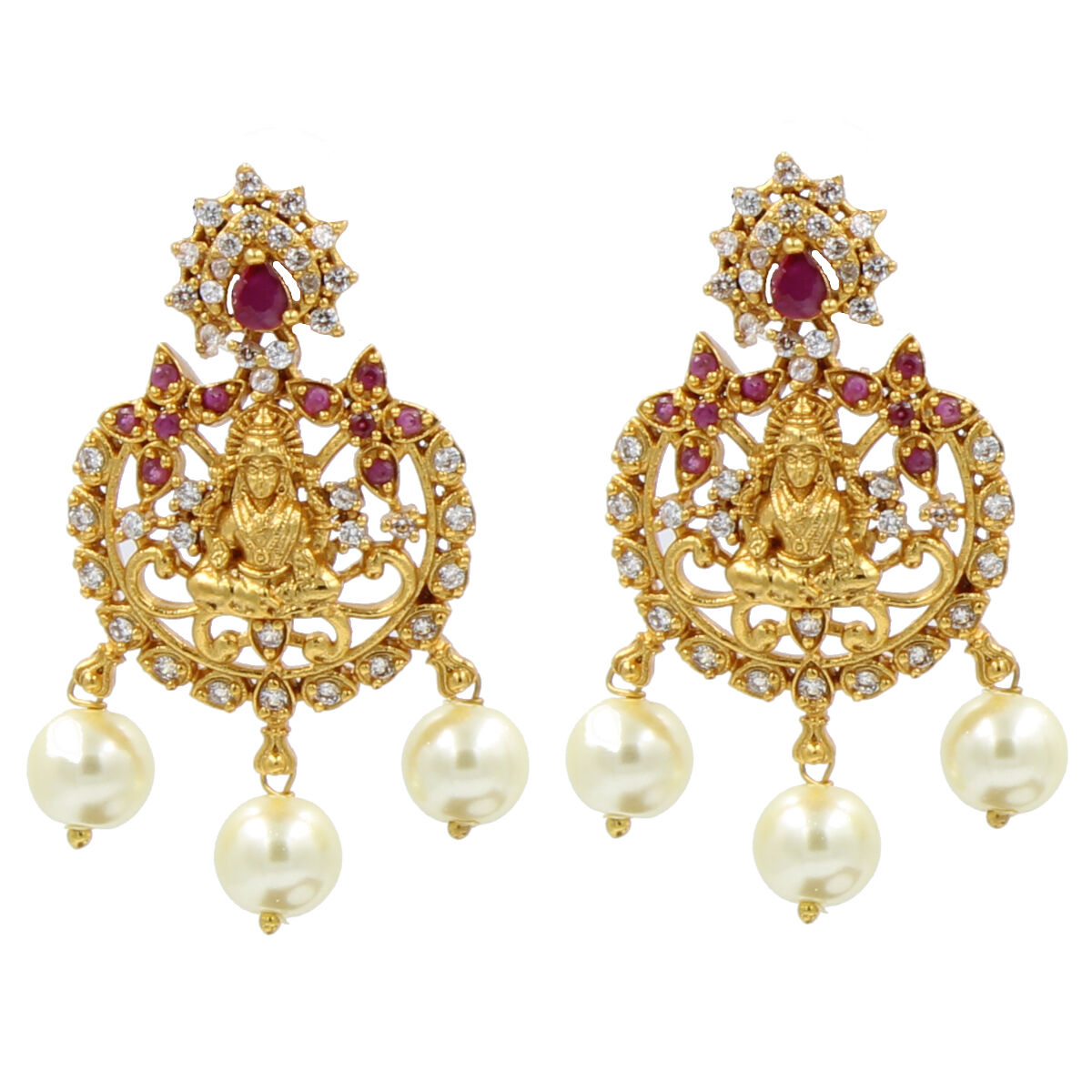 Glittering Temple American Diamond & Pearl Necklace Set Short