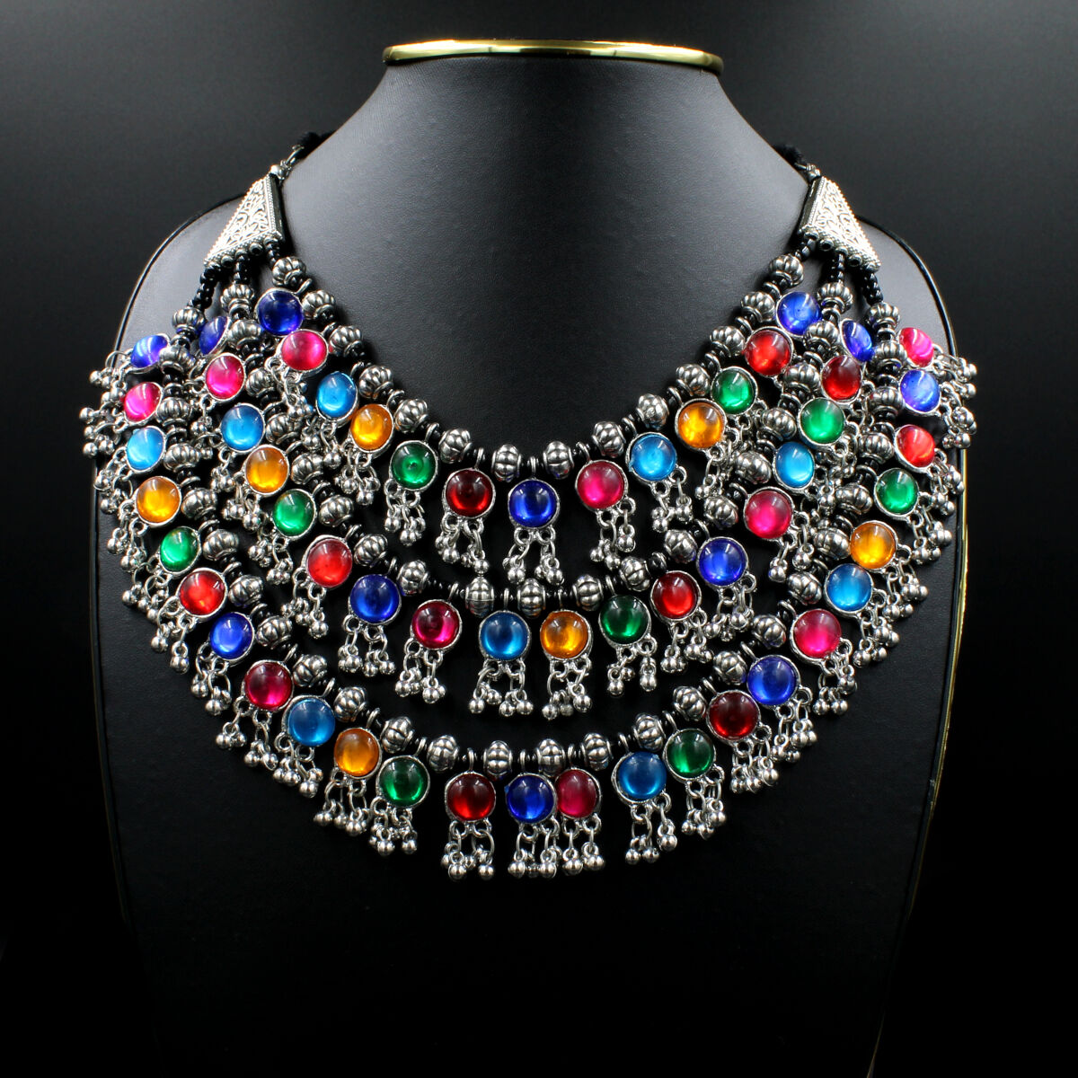 Glittering Oxidized Synthetic Meena Necklace Set Long