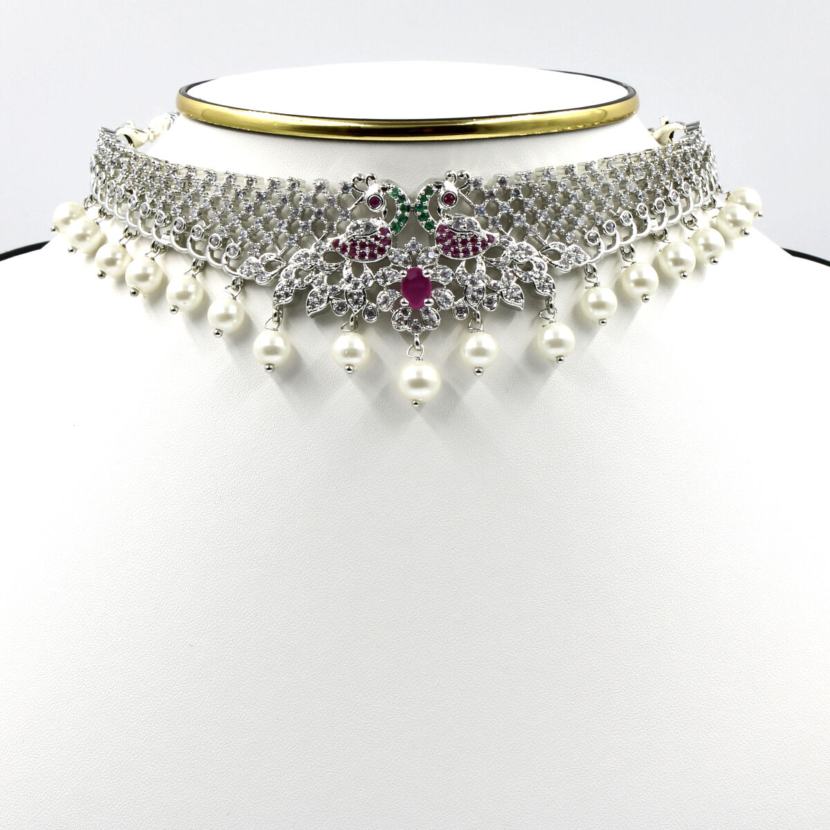 Lustrous Choker- American Diamond, Pearl & Crystal
