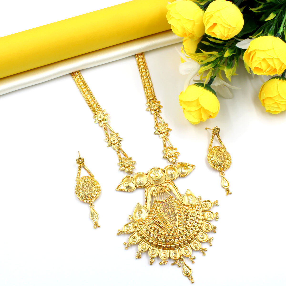 Ethnic Long Necklace Set Gold Plated