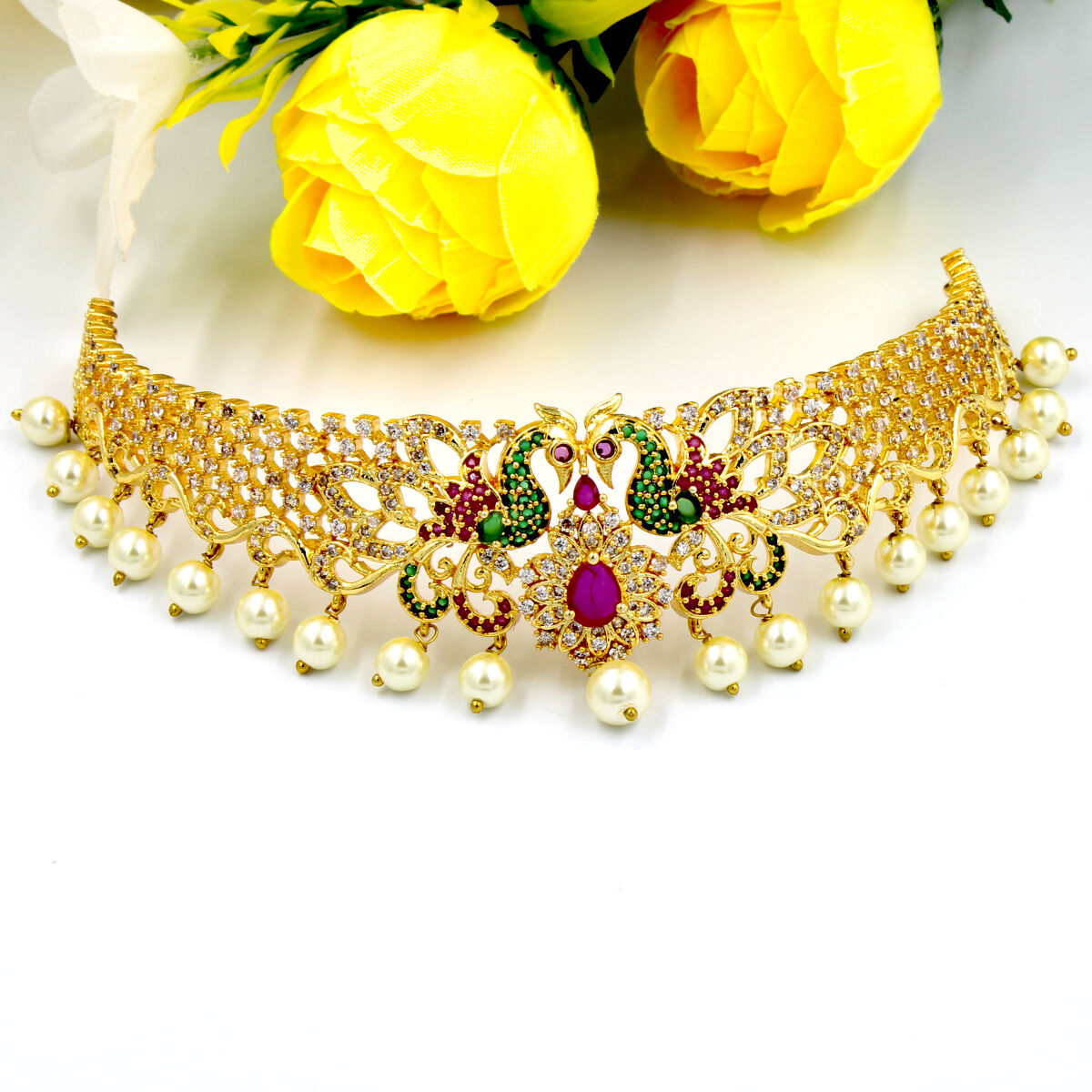 Beautifully Crafted Choker- American Diamond & Pearl