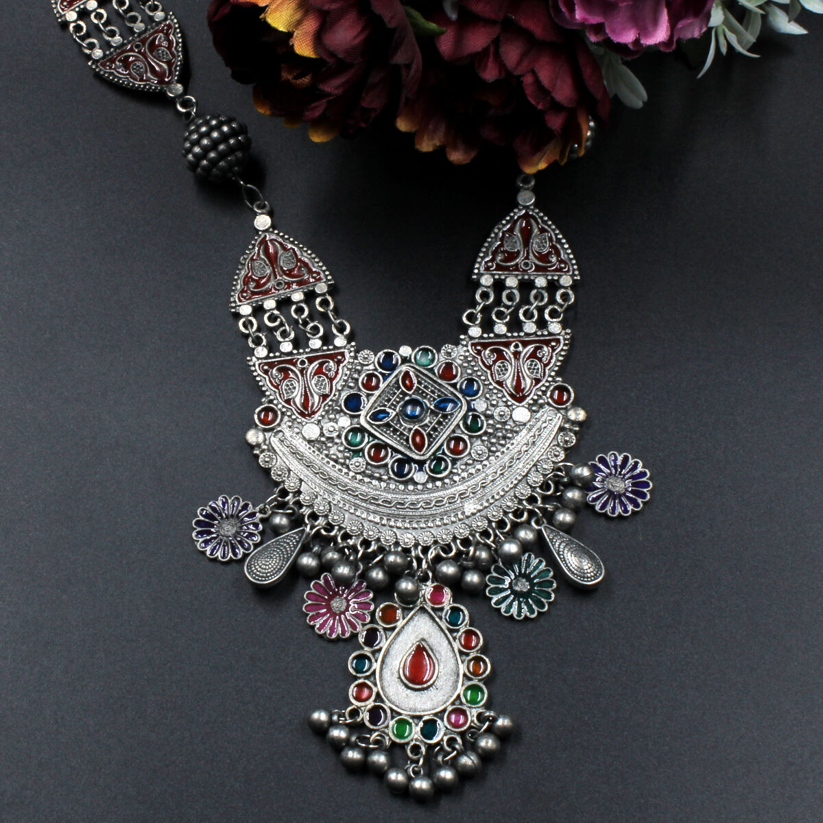 Orlenna Gypsy Oxidised Meena Necklace Set Short