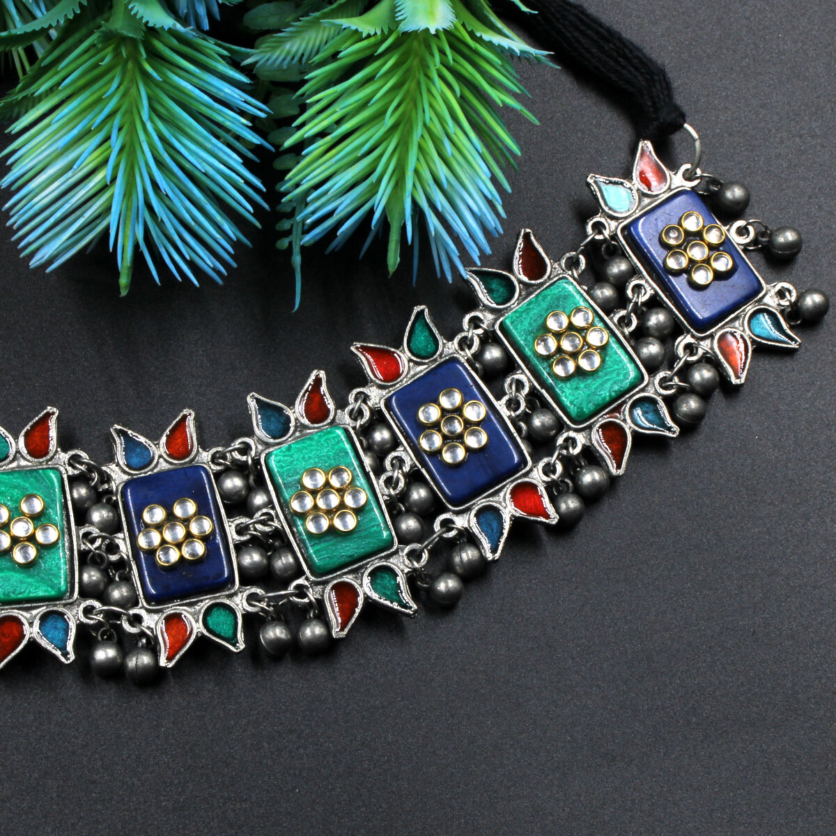 Orlenna Trendy Oxidised Kundan & Meena Choker