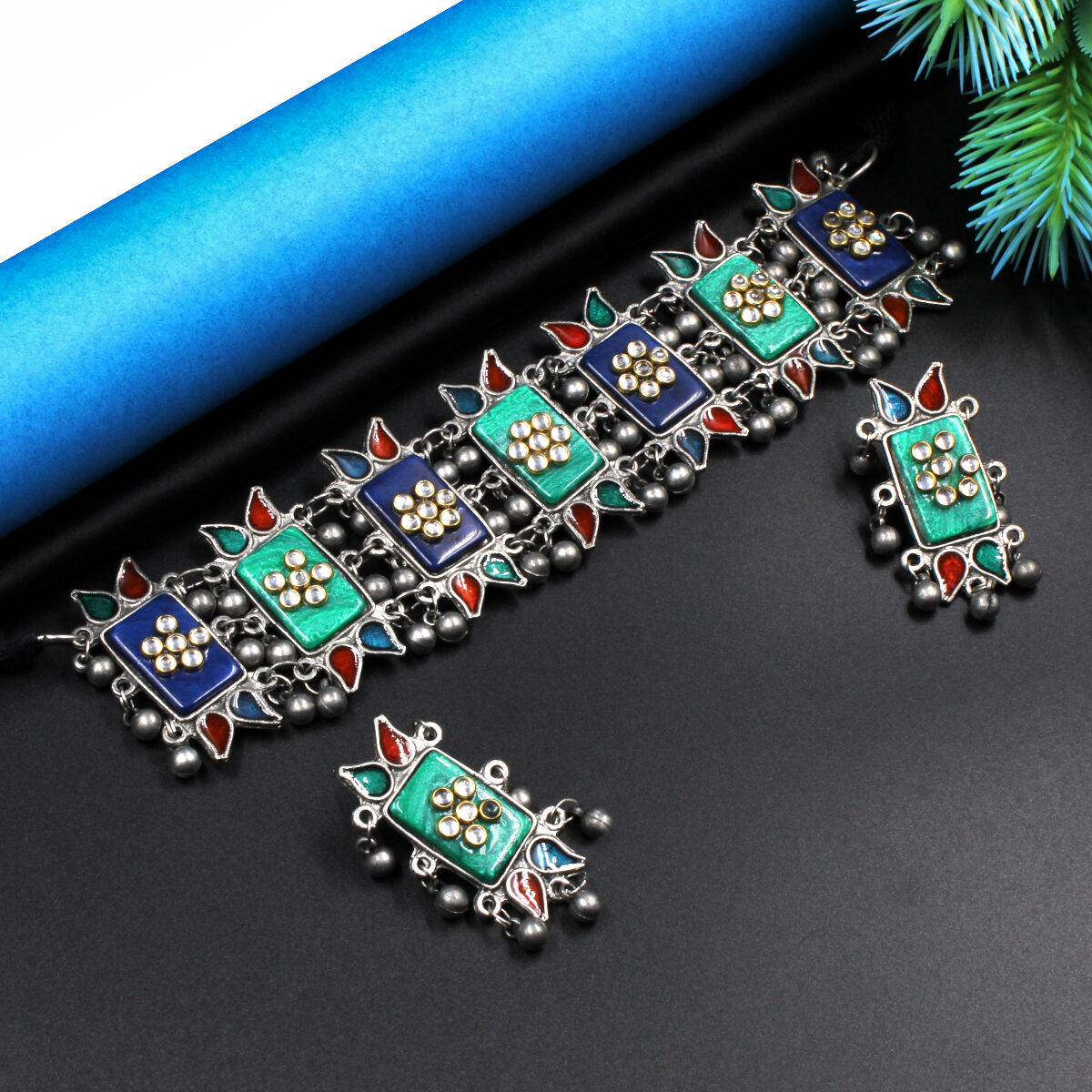 Orlenna Trendy Oxidised Kundan & Meena Choker
