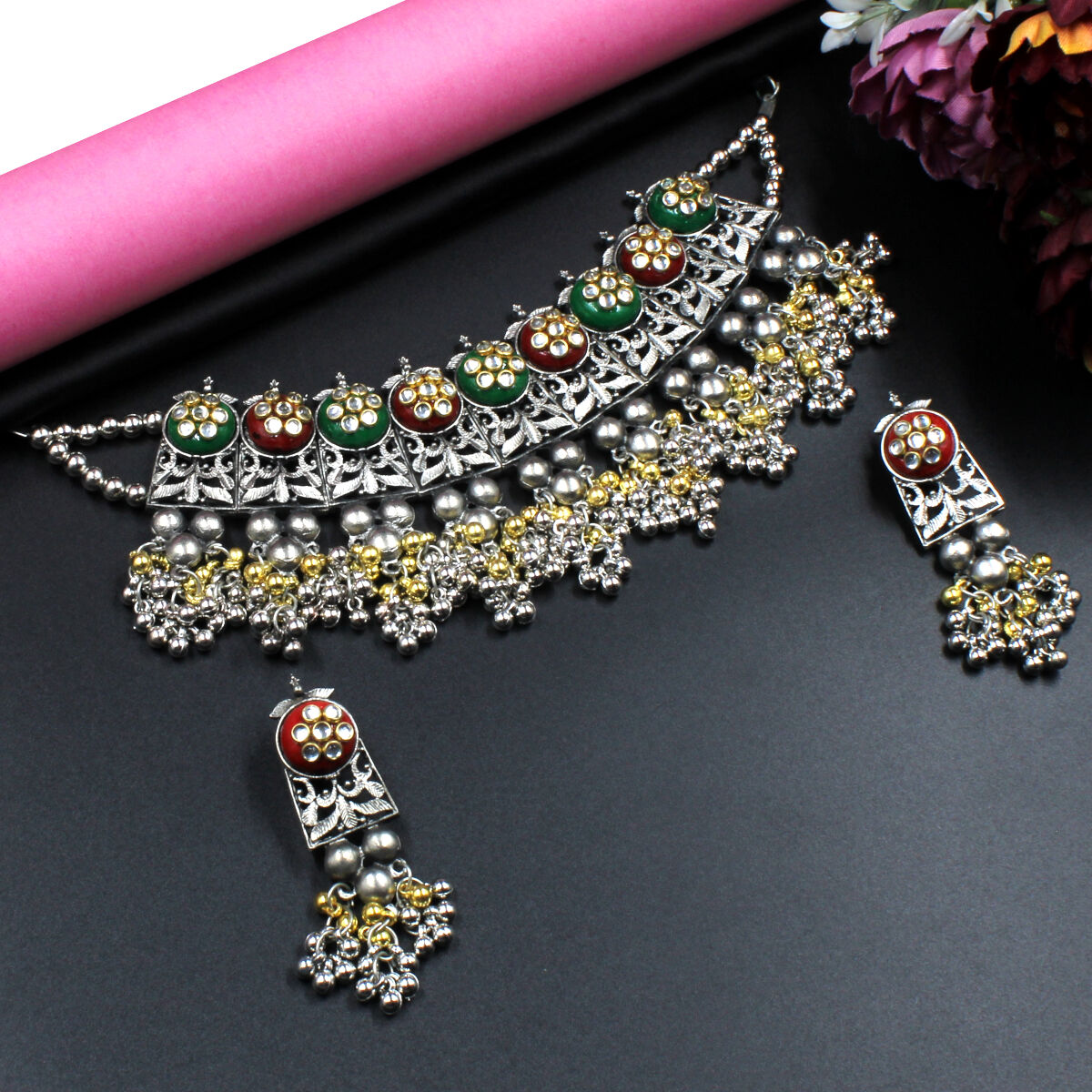 Orlenna Beautifully Crafted Oxidised Kundan Choker