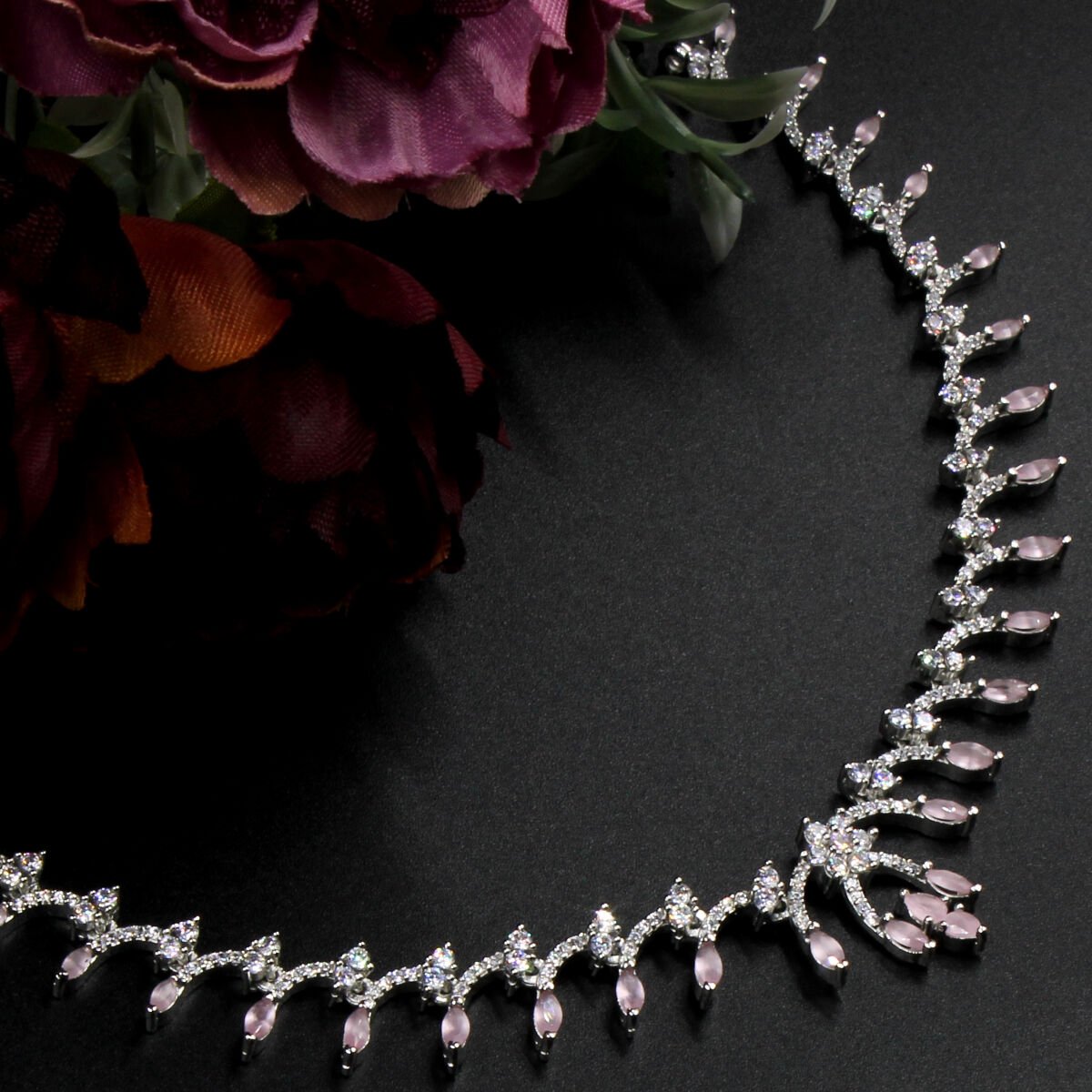 Orlenna Pink & White American Diamond Studded Short Necklace Set