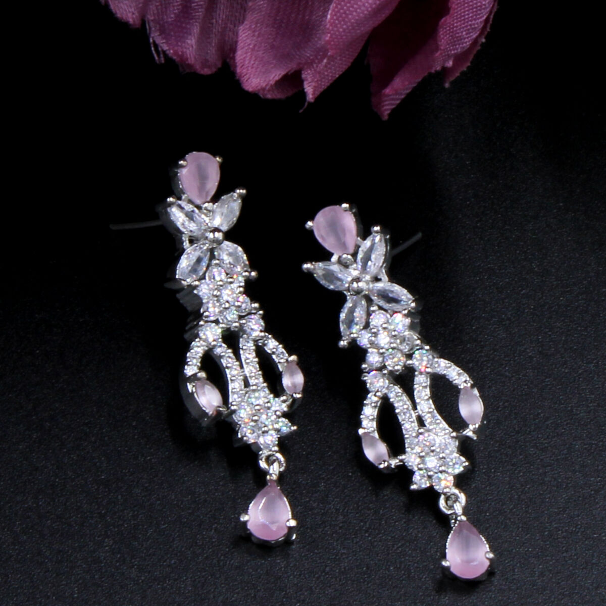 Orlenna Pink & White American Diamond Studded Short Necklace Set